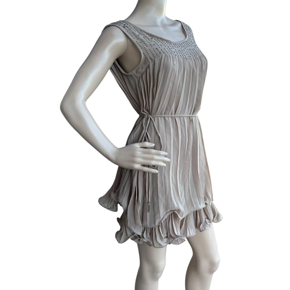 Double Zero Taupe Pleated Mini Dress Layered Ruffle Hem V Back Belt Size S